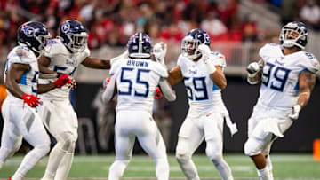 ATLANTA, GA - SEPTEMBER 29: Tennessee Titans members celebrates a defensive stop against Matt Ryan #2 of the Atlanta Falcons late in the fourth quarter of a game at Mercedes-Benz Stadium on September 29, 2019 in Atlanta, Georgia. (Photo by Carmen Mandato/Getty Images)