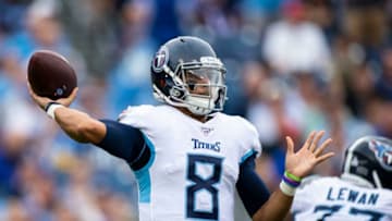 NASHVILLE, TN - OCTOBER 06: Marcus Mariota #8 of the Tennessee Titans passes the ball during the first quarter against the Buffalo Bills at Nissan Stadium on October 6, 2019 in Nashville, Tennessee. (Photo by Brett Carlsen/Getty Images)