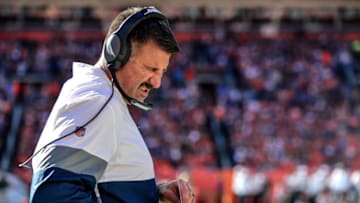 DENVER, CO - OCTOBER 13: Head coach Mike Vrabel of the Tennessee Titans looks on during a game between the Denver Broncos and the Tennessee Titans at Empower Field at Mile High on October 13, 2019 in Denver, Colorado. (Photo by Dustin Bradford/Getty Images)