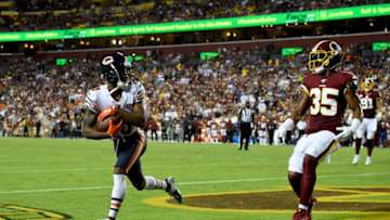 LANDOVER, MD - SEPTEMBER 23: Taylor Gabriel #18 of the Chicago Bears catches a touchdown pass in front of Montae Nicholson #35 of the Washington Redskins during the first half at FedExField on September 23, 2019 in Landover, Maryland. (Photo by Will Newton/Getty Images)