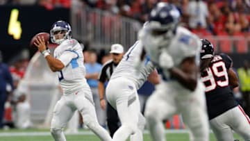 ATLANTA, GEORGIA - SEPTEMBER 29: Marcus Mariota #8 of the Tennessee Titans looks to pass against the Atlanta Falcons at Mercedes-Benz Stadium on September 29, 2019 in Atlanta, Georgia. (Photo by Kevin C. Cox/Getty Images)