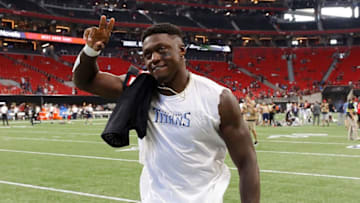 ATLANTA, GEORGIA - SEPTEMBER 29: A.J. Brown #11 of the Tennessee Titans celebrates their 24-10 win over the Atlanta Falcons at Mercedes-Benz Stadium on September 29, 2019 in Atlanta, Georgia. (Photo by Kevin C. Cox/Getty Images)