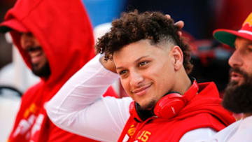 KANSAS CITY, MO - OCTOBER 27: Patrick Mahomes #15 of the Kansas City Chiefs sits on the player bench during player warmups prior to the game against the Green Bay Packers at Arrowhead Stadium on October 27, 2019 in Kansas City, Missouri. (Photo by David Eulitt/Getty Images)