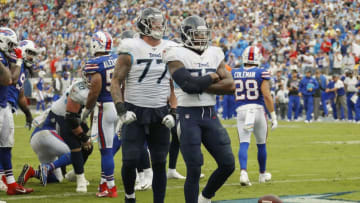 NASHVILLE, TENNESSEE - OCTOBER 06: Derrick Henry #22 of the Tennessee Titans poses in the end zone after scoring a touchdown against the Buffalo Bills during the second half at Nissan Stadium on October 06, 2019 in Nashville, Tennessee. (Photo by Frederick Breedon/Getty Images)