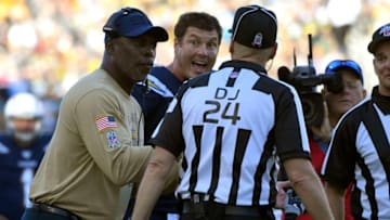 CARSON, CA - NOVEMBER 03: Head coach Anthony Lynn and Philip Rivers #17 of the Los Angeles Chargers argue a call with down judge David Oliver in the second half against the Green Bay Packers at Dignity Health Sports Park on November 3, 2019 in Carson, California. (Photo by John McCoy/Getty Images) Chargers won 26-11.