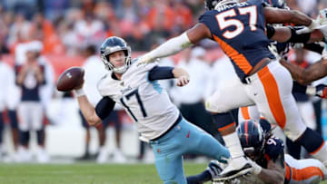 DENVER, COLORADO - OCTOBER 13: Quarterback Ryan Tannehill #17 of the Tennessee Titans is sacked against the Denver Broncos in the fourth quarter at Broncos Stadium at Mile High on October 13, 2019 in Denver, Colorado. (Photo by Matthew Stockman/Getty Images)