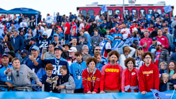 NASHVILLE, TN - NOVEMBER 10: Kansas City Chiefs fans dressed as Patrick Mahomes react after the game against the Tennessee Titans at Nissan Stadium on November 10, 2019 in Nashville, Tennessee. Tennessee defeats Kansas City 35-32. (Photo by Brett Carlsen/Getty Images)