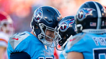 NASHVILLE, TN - NOVEMBER 10: Ryan Tannehill #17 of the Tennessee Titans celebrates the game winning touchdown with teammates during the fourth quarter against the Kansas City Chiefs at Nissan Stadium on November 10, 2019 in Nashville, Tennessee. Tennessee defeats Kansas City 35-32. (Photo by Brett Carlsen/Getty Images)