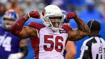 EAST RUTHERFORD, NEW JERSEY - OCTOBER 20: Terrell Suggs #56 of the Arizona Cardinals celebrates his sack of Daniel Jones (not pictured) of the New York Giants during the second half at MetLife Stadium on October 20, 2019 in East Rutherford, New Jersey. (Photo by Steven Ryan/Getty Images)