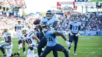 NASHVILLE, TENNESSEE - OCTOBER 20: Corey Davis #84 of the Tennessee Titans spikes the ball after scoring a touchdown against the Los Angeles Chargers to tie the game during the second quarter at Nissan Stadium on October 20, 2019 in Nashville, Tennessee. (Photo by Silas Walker/Getty Images)