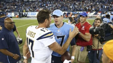 NASHVILLE, TENNESSEE - OCTOBER 20: Philip Rivers #17 of the Los Angeles Chargers shakes hands with Ryan Tannehill #17 of the Tennessee Titans at Nissan Stadium on October 20, 2019 in Nashville, Tennessee. (Photo by Silas Walker/Getty Images)
