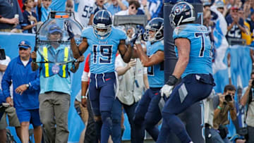 NASHVILLE, TENNESSEE - OCTOBER 20: Tajae Sharpe #19 of the Tennessee Titans reacts after scoring a touchdown during the second half of a game against the Los Angeles Chargers at Nissan Stadium on October 20, 2019 in Nashville, Tennessee. (Photo by Frederick Breedon/Getty Images)