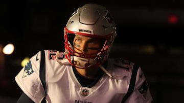 EAST RUTHERFORD, NEW JERSEY - OCTOBER 21: Quarterback Tom Brady #12 of the New England Patriots walks onto the field before the game against the New York Jets at MetLife Stadium on October 21, 2019 in East Rutherford, New Jersey. (Photo by Al Bello/Getty Images)