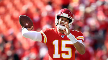 KANSAS CITY, MISSOURI - OCTOBER 13: Quarterback Patrick Mahomes #15 of the Kansas City Chiefs during warm-ups prior to the game against the Houston Texans at Arrowhead Stadium on October 13, 2019 in Kansas City, Missouri. (Photo by Jamie Squire/Getty Images)