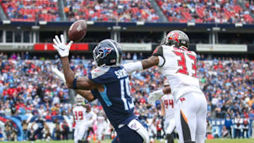 NASHVILLE, TENNESSEE - OCTOBER 27: Tajae Sharpe #19 of the Tennessee Titans scores a touchdown against the Tampa Bay Buccaneers during the first quarter of the game at Nissan Stadium on October 27, 2019 in Nashville, Tennessee. (Photo by Silas Walker/Getty Images)
