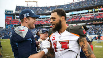 NASHVILLE, TENNESSEE - OCTOBER 27: Ryan Tannehill #17 of the Tennessee Titans talks with Mike Evans #13 of the Tampa Bay Buccaneers after the game at Nissan Stadium on October 27, 2019 in Nashville, Tennessee. (Photo by Silas Walker/Getty Images)