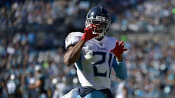 CHARLOTTE, NORTH CAROLINA - NOVEMBER 03: Malcolm Butler #21 of the Tennessee Titans reacts after breaking up a pass during the first quarter of their game against the Carolina Panthers at Bank of America Stadium on November 03, 2019 in Charlotte, North Carolina. (Photo by Grant Halverson/Getty Images)