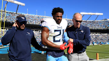 CHARLOTTE, NORTH CAROLINA - NOVEMBER 03: Malcolm Butler #21 of the Tennessee Titans is taken off the field after an injury against the Carolina Panthers during their game at Bank of America Stadium on November 03, 2019 in Charlotte, North Carolina. (Photo by Streeter Lecka/Getty Images)