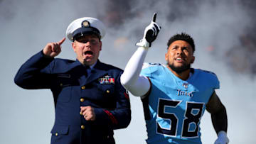 NASHVILLE, TENNESSEE - NOVEMBER 10: Linebacker Harold Landry #58 of the Tennessee Titans (R) is introduced before playing against the Kansas City Chiefs at Nissan Stadium on November 10, 2019 in Nashville, Tennessee. (Photo by Brett Carlsen/Getty Images)