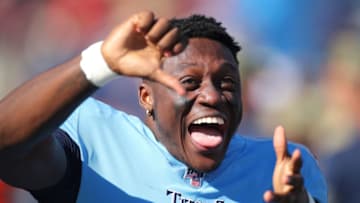 NASHVILLE, TENNESSEE - NOVEMBER 10: Wide receiver A.J. Brown #11 of the Tennessee Titans celebrates a Titans fumble recovery touchdown by a teammate against the Kansas City Chiefs in the second quarter at Nissan Stadium on November 10, 2019 in Nashville, Tennessee. (Photo by Brett Carlsen/Getty Images)