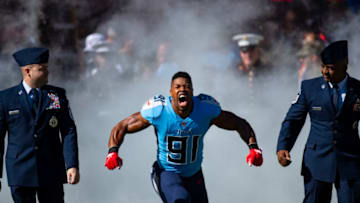 NASHVILLE, TN - NOVEMBER 10: Cameron Wake #91 of the Tennessee Titans enters the field before the game against the Kansas City Chiefs at Nissan Stadium on November 10, 2019 in Nashville, Tennessee. Tennessee defeats Kansas City 35-32. (Photo by Brett Carlsen/Getty Images)