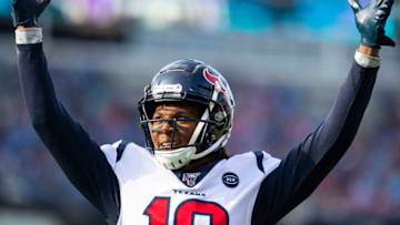 NASHVILLE, TN - DECEMBER 15: DeAndre Hopkins #10 of the Houston Texans celebrates a touchdown reception by teammate Kenny Stills #12 (not pictured) during the second quarter against the Tennessee Titans at Nissan Stadium on December 15, 2019 in Nashville, Tennessee. (Photo by Brett Carlsen/Getty Images)