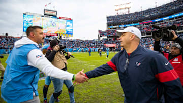 NASHVILLE, TN - DECEMBER 15: Head coach Mike Vrabel of the Tennessee Titans shakes hands with head coach Bill O'Brien of the Houston Texans after the game at Nissan Stadium on December 15, 2019 in Nashville, Tennessee. Houston defeats Tennessee 24-21. (Photo by Brett Carlsen/Getty Images)
