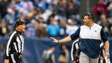NASHVILLE, TN - DECEMBER 22: Head coach Mike Vrabel of the Tennessee Titans discusses a fumble call with a referee during the fourth quarter against the New Orleans Saints at Nissan Stadium on December 22, 2019 in Nashville, Tennessee. New Orleans defeats Tennessee 38-28. (Photo by Brett Carlsen/Getty Images)