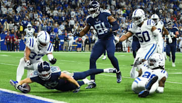 INDIANAPOLIS, INDIANA - DECEMBER 01: Adam Humphries #10 of the Tennessee Titans dives for a touchdown during the first quarter against the Indianapolis Colts at Lucas Oil Stadium on December 01, 2019 in Indianapolis, Indiana. (Photo by Stacy Revere/Getty Images)