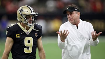 NEW ORLEANS, LOUISIANA - DECEMBER 08: Drew Brees #9 talks with head coach Sean Payton of the New Orleans Saints prior to the game against the San Francisco 49ers at Mercedes Benz Superdome on December 08, 2019 in New Orleans, Louisiana. (Photo by Chris Graythen/Getty Images)