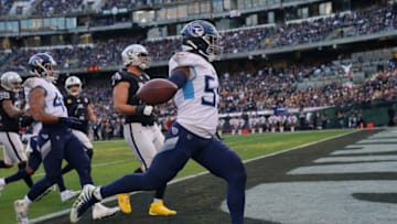 OAKLAND, CALIFORNIA - DECEMBER 08: Jayon Brown #55 of the Tennessee Titans celebrates after he returned a fumble recovery 46 yards for a touchdown against the Oakland Raiders during the second half of an NFL football game at RingCentral Coliseum on December 08, 2019 in Oakland, California. (Photo by Thearon W. Henderson/Getty Images)