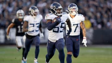 OAKLAND, CALIFORNIA - DECEMBER 08: Jayon Brown #55 of the Tennessee Titans returns a fumble recovery 46 yards for a touchdown against the Oakland Raiders during the second half of an NFL football game at RingCentral Coliseum on December 08, 2019 in Oakland, California. (Photo by Thearon W. Henderson/Getty Images)
