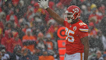 KANSAS CITY, MO - DECEMBER 15: Defensive end Chris Jones #95 of the Kansas City Chiefs reacts after a play against the Denver Broncos during the first half at Arrowhead Stadium on December 15, 2019 in Kansas City, Missouri. (Photo by Peter G. Aiken/Getty Images)