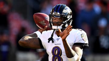 CLEVELAND, OHIO - DECEMBER 22: Lamar Jackson #8 of the Baltimore Ravens warms up prior to the game against the Cleveland Browns at FirstEnergy Stadium on December 22, 2019 in Cleveland, Ohio. (Photo by Jason Miller/Getty Images)