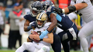 NASHVILLE, TENNESSEE - DECEMBER 22: Linebacker Derick Roberson #50 of the Tennessee Titans sacks quarterback Drew Brees #9 of the New Orleans Saints during the first quarter in the game at Nissan Stadium on December 22, 2019 in Nashville, Tennessee. (Photo by Brett Carlsen/Getty Images)
