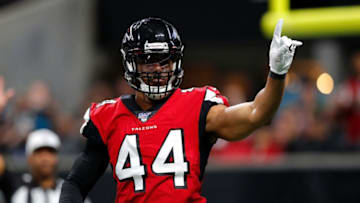 ATLANTA, GEORGIA - DECEMBER 22: Vic Beasley Jr. #44 of the Atlanta Falcons reacts after sacking Gardner Minshew II #15 of the Jacksonville Jaguars in the first half at Mercedes-Benz Stadium on December 22, 2019 in Atlanta, Georgia. (Photo by Kevin C. Cox/Getty Images)