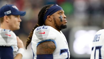 HOUSTON, TX - DECEMBER 29: Derrick Henry #22 of the Tennessee Titans reacts on the sideline before the game against the Houston Texans at NRG Stadium on December 29, 2019 in Houston, Texas. (Photo by Tim Warner/Getty Images)