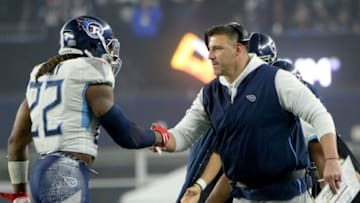 FOXBOROUGH, MASSACHUSETTS - JANUARY 04: Derrick Henry #22 of the Tennessee Titans celebrates his touchdown with head coach Mike Vrabel against the New England Patriots in the second quarter of the AFC Wild Card Playoff game at Gillette Stadium on January 04, 2020 in Foxborough, Massachusetts. (Photo by Kathryn Riley/Getty Images)