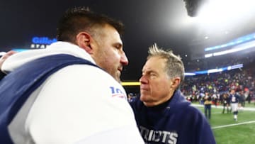 FOXBOROUGH, MASSACHUSETTS - JANUARY 04: Head coach Mike Vrabel of the Tennessee Titans is congratulated by head coach Bill Belichick of the New England Patriots after their 20-13 win in the AFC Wild Card Playoff game at Gillette Stadium on January 04, 2020 in Foxborough, Massachusetts. (Photo by Adam Glanzman/Getty Images)