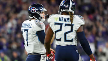 BALTIMORE, MARYLAND - JANUARY 11: Quarterback Ryan Tannehill #17 of the Tennessee Titans and Derrick Henry #22 talk on the field during the AFC Divisional Playoff game against the Baltimore Ravens at M&T Bank Stadium on January 11, 2020 in Baltimore, Maryland. (Photo by Will Newton/Getty Images)