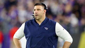 BALTIMORE, MARYLAND - JANUARY 11: Head coach Mike Vrabel of the Tennessee Titans looks on during the first half in the AFC Divisional Playoff game against the Baltimore Ravens at M&T Bank Stadium on January 11, 2020 in Baltimore, Maryland. (Photo by Rob Carr/Getty Images)