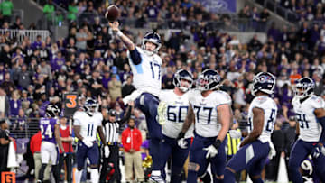 BALTIMORE, MARYLAND - JANUARY 11: Ryan Tannehill #17 of the Tennessee Titans celebrates after rushing for a 1-yard touchdown during the third quarter against the Baltimore Ravens in the AFC Divisional Playoff game at M&T Bank Stadium on January 11, 2020 in Baltimore, Maryland. (Photo by Rob Carr/Getty Images)