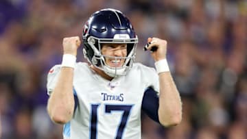 BALTIMORE, MARYLAND - JANUARY 11: Ryan Tannehill #17 of the Tennessee Titans reacts after throwing an incomplete pass during the third quarter against the Baltimore Ravens in the AFC Divisional Playoff game at M&T Bank Stadium on January 11, 2020 in Baltimore, Maryland. (Photo by Maddie Meyer/Getty Images)