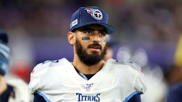 BALTIMORE, MARYLAND - JANUARY 11: Marcus Mariota #8 of the Tennessee Titans stands on the sideline in the AFC Divisional Playoff game against the Baltimore Ravens at M&T Bank Stadium on January 11, 2020 in Baltimore, Maryland. (Photo by Maddie Meyer/Getty Images)