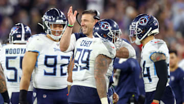 BALTIMORE, MARYLAND - JANUARY 11: Head coach Mike Vrabel of the Tennessee Titans celebrates on the sideline with Jurrell Casey #99 in the AFC Divisional Playoff game against the Baltimore Ravens at M&T Bank Stadium on January 11, 2020 in Baltimore, Maryland. (Photo by Rob Carr/Getty Images)