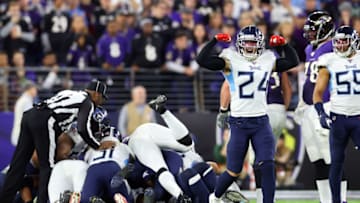 BALTIMORE, MARYLAND - JANUARY 11: Kenny Vaccaro #24 of the Tennessee Titans celebrates after a fourth down stop during the second half against the Baltimore Ravens in the AFC Divisional Playoff game at M&T Bank Stadium on January 11, 2020 in Baltimore, Maryland. (Photo by Rob Carr/Getty Images)
