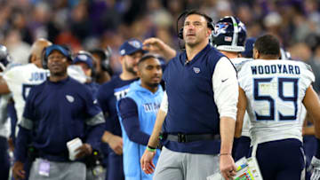 BALTIMORE, MARYLAND - JANUARY 11: Head coach Mike Vrabel of the Tennessee Titans looks on during the closing moments of AFC Divisional Playoff game against the Baltimore Ravens at M&T Bank Stadium on January 11, 2020 in Baltimore, Maryland. (Photo by Rob Carr/Getty Images)