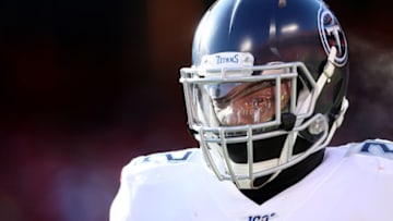 KANSAS CITY, MISSOURI - JANUARY 19: Derrick Henry #22 of the Tennessee Titans looks on in the first half against the Kansas City Chiefs in the AFC Championship Game at Arrowhead Stadium on January 19, 2020 in Kansas City, Missouri. (Photo by Jamie Squire/Getty Images)