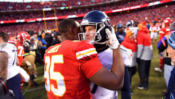 KANSAS CITY, MISSOURI - JANUARY 19: Ryan Tannehill #17 of the Tennessee Titans speaks to Chris Jones #95 of the Kansas City Chiefs after the AFC Championship Game at Arrowhead Stadium on January 19, 2020 in Kansas City, Missouri. The Chiefs defeated the Titans 35-24. (Photo by Peter Aiken/Getty Images)