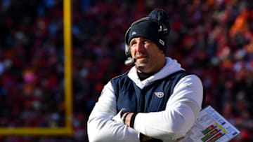 KANSAS CITY, MISSOURI - JANUARY 19: Head coach Mike Vrabel of the Tennessee Titans looks on in the first half against the Kansas City Chiefs in the AFC Championship Game at Arrowhead Stadium on January 19, 2020 in Kansas City, Missouri. (Photo by Peter Aiken/Getty Images)